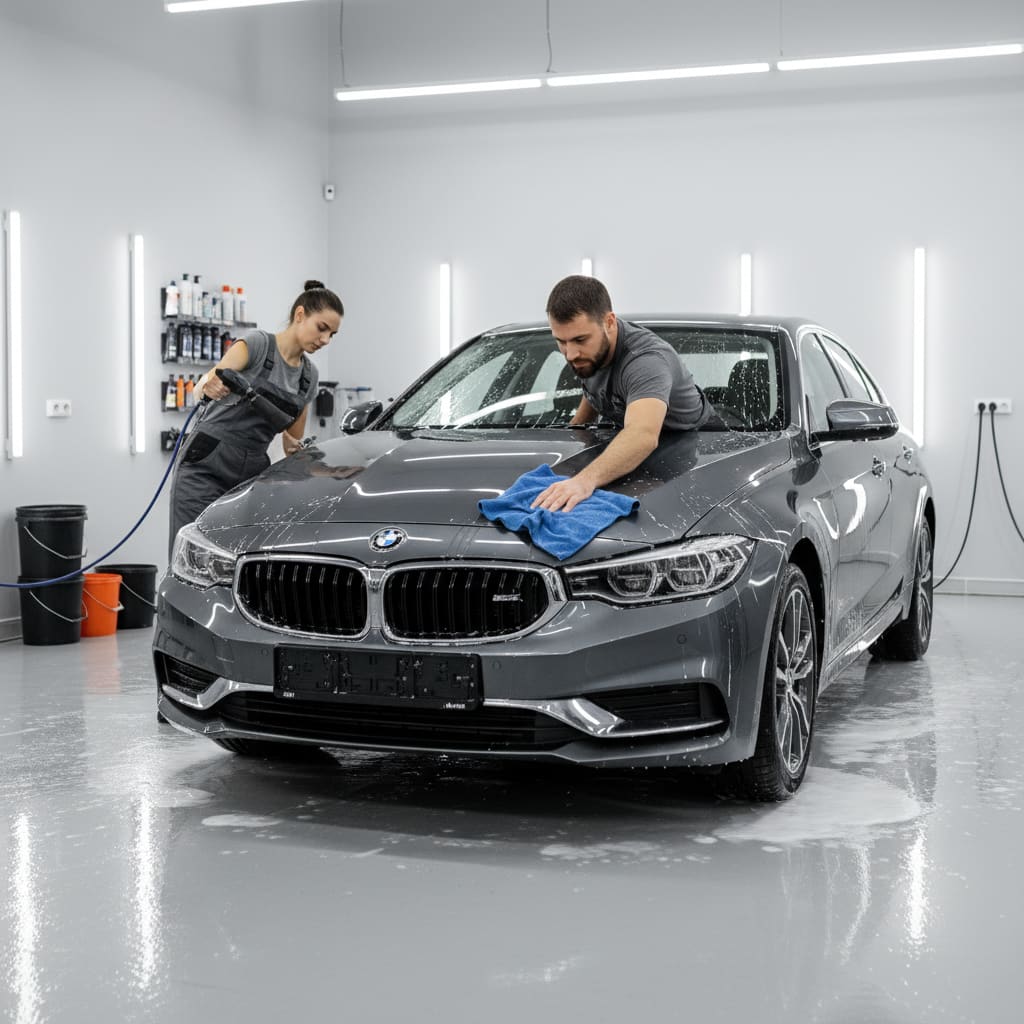 Professional hand detailing of a sedan in a clean bay