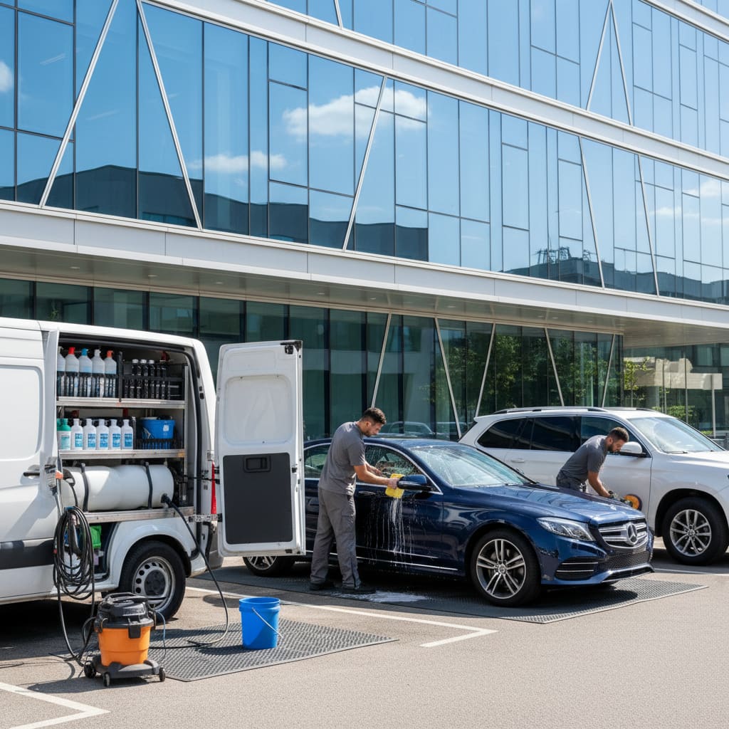 Mobile detailing setup near an office building