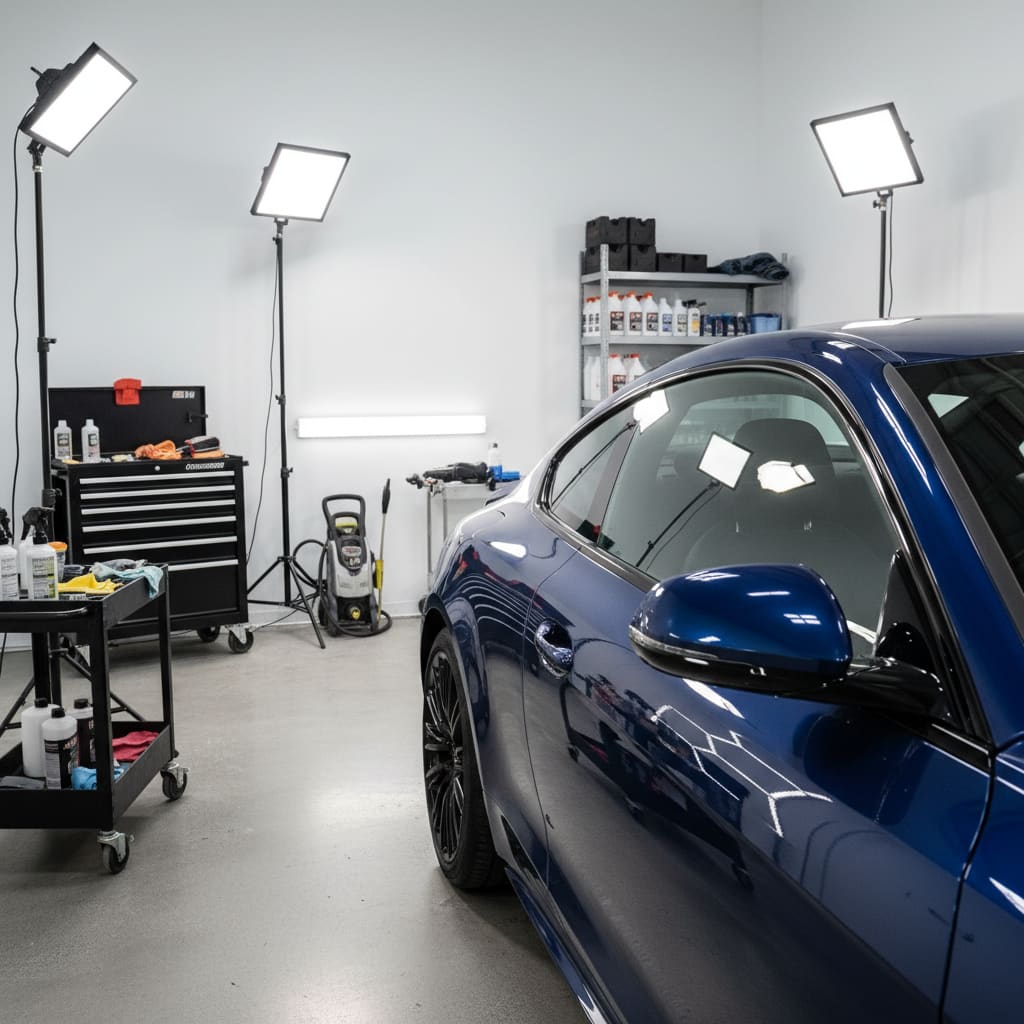 Detailing bay with bright inspection lights